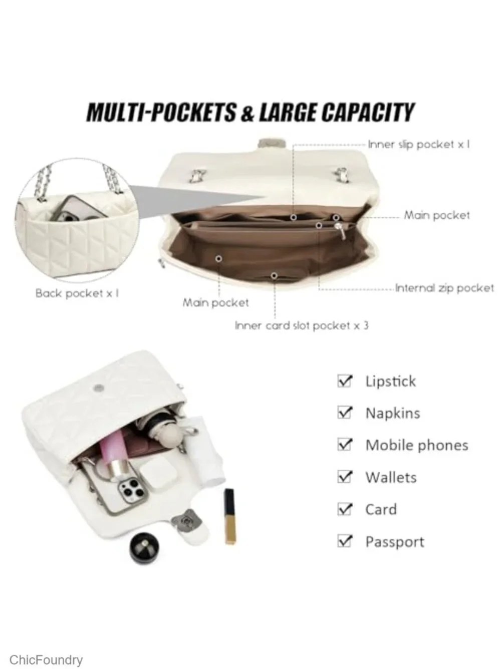 Quilted Vegan Leather Crossbody Bag with Chain Strap - Small Satchel Purse for